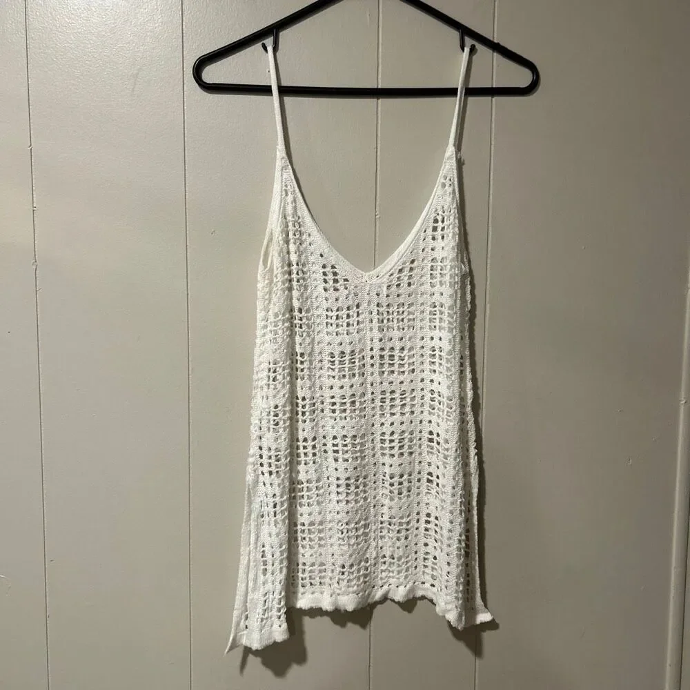 AOLRO White Crochet Knit Cover Up Tank Top XL Boho Beach